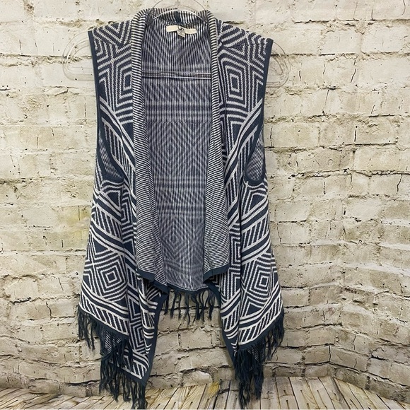YA Los Angeles Blue White Aztec Print Fringe Open Front Knit Cardigan Vest - Picture 1 of 5